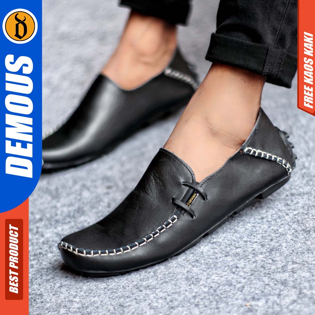 DEMOUS MOCCAS Sepatu Slip on Pria Santai Casual Formal Kulit Asli Kerja Kantor Kuliah Hitam-Coklat