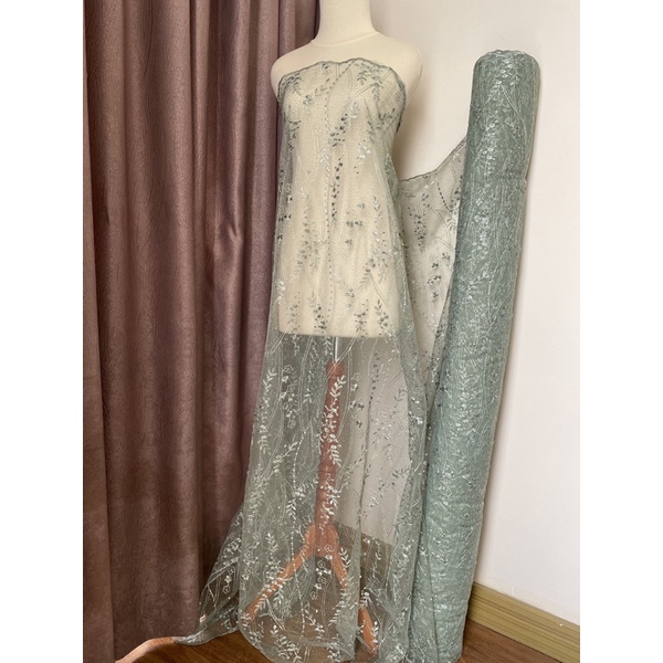 Kain Bahan Kebaya Brukat Tile Mutiara Mahogany New Series Warna Hijau Sage Green