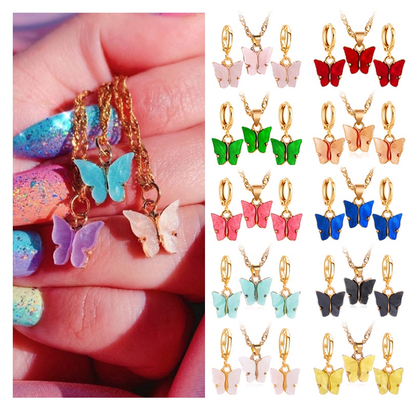 [ACKER] Akrilik Kupu-kupu Liontin Segar Manis Warna-warni Drop Anting-Anting + Kalung Perhiasan Set Untuk Wanita Fashion Aksesoris