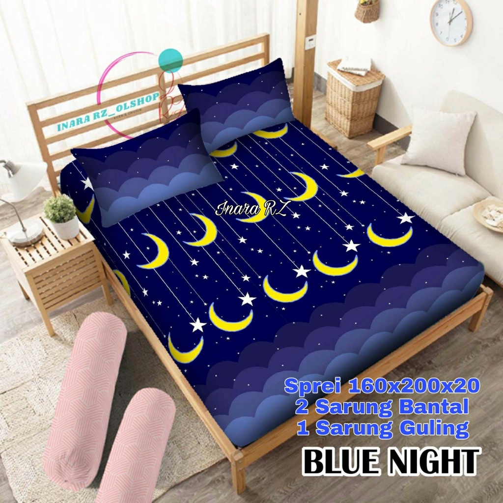 Sprei Homemade Star Night, Sprei Starmoon, Seprai Bulbin Biru 160x200, Sprei 100x200 Bulan Bintang