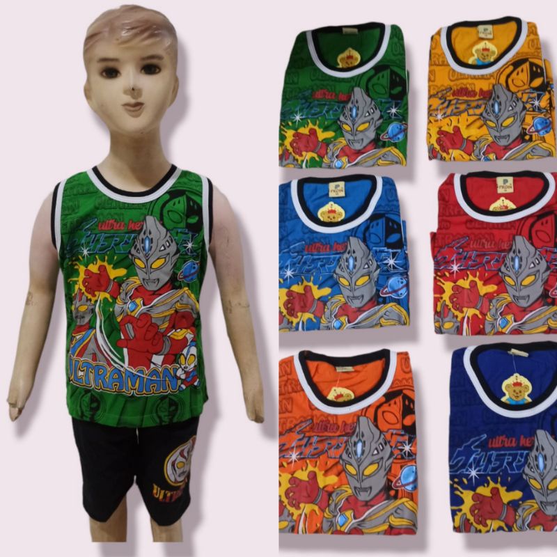 Setelan Singlet Anak Laki Bahan Katun Gambar Ultraman 2-8 Tahun