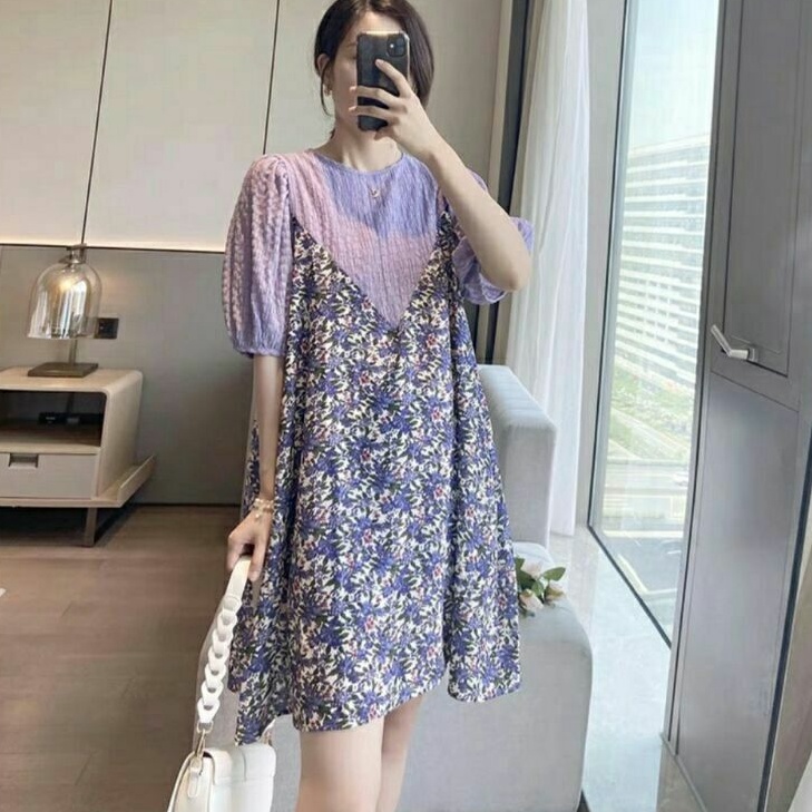 17110 Baju mini dress motif bunga floral ungu korean style wanita import baju mini dress gaun pendek