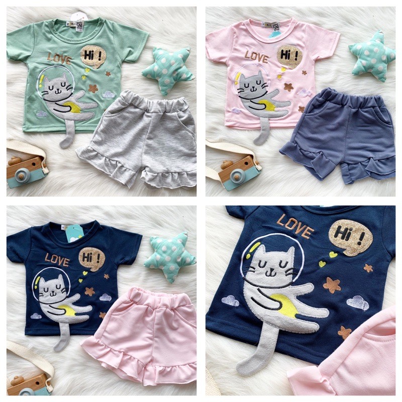 magical unicorn ruffle tee set setelan anak harian kaos celana pendek 1-3 tahun baju bayi perempuan cewek baby balita