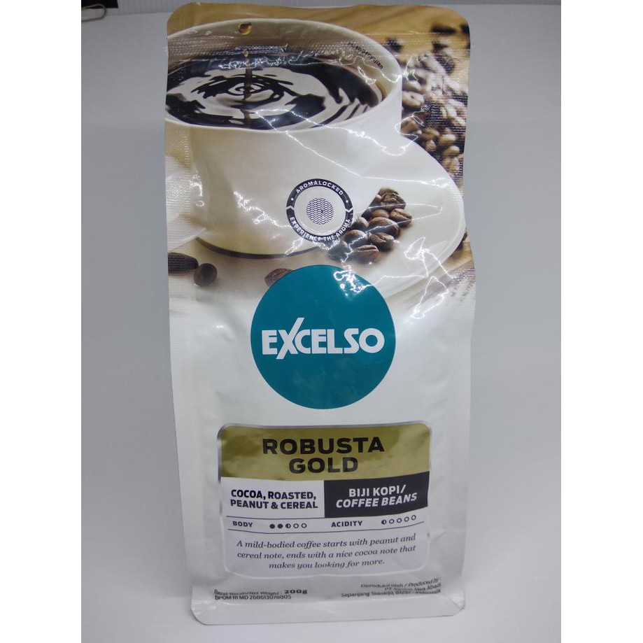 

excelso robusta gold bean (biji) kopi smoky n bold 200gr KOMPLIT