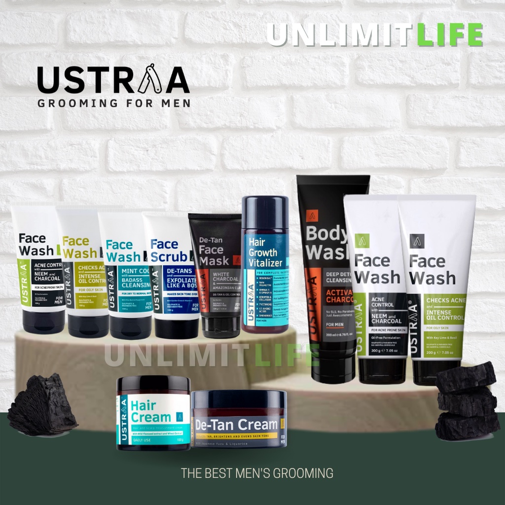 (RD)USTRAA MEN SKINCARE Pria Face Wash Scrub Mask De Tan Cream Oil Acne Control Neem Charcoal Mint C