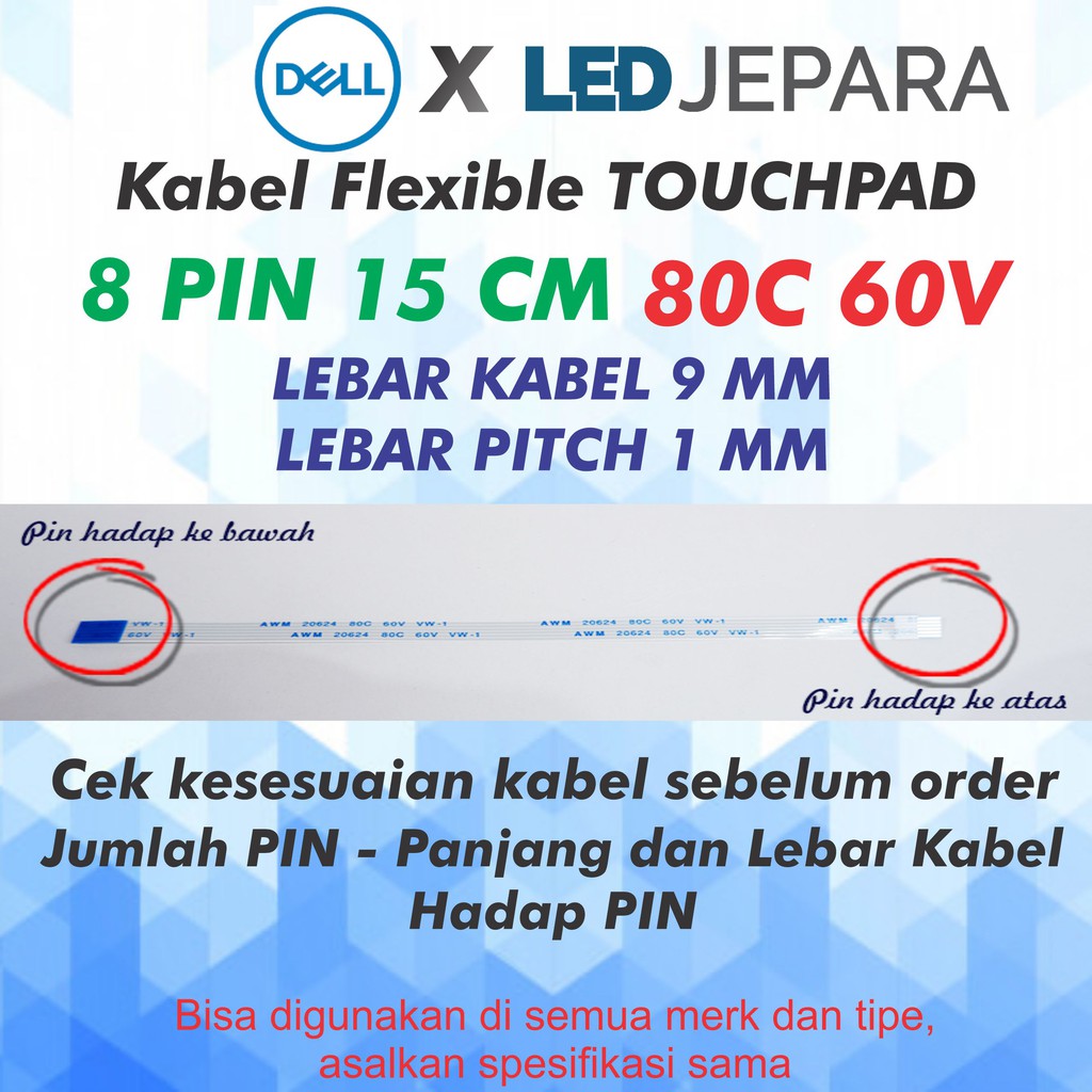 FFC Kabel Flexible Touchpad Laptop Dell 8 Pin 15 CM Lebar 9MM Bolak Balik Kabel Fleksibel Touchpad Laptop Dell