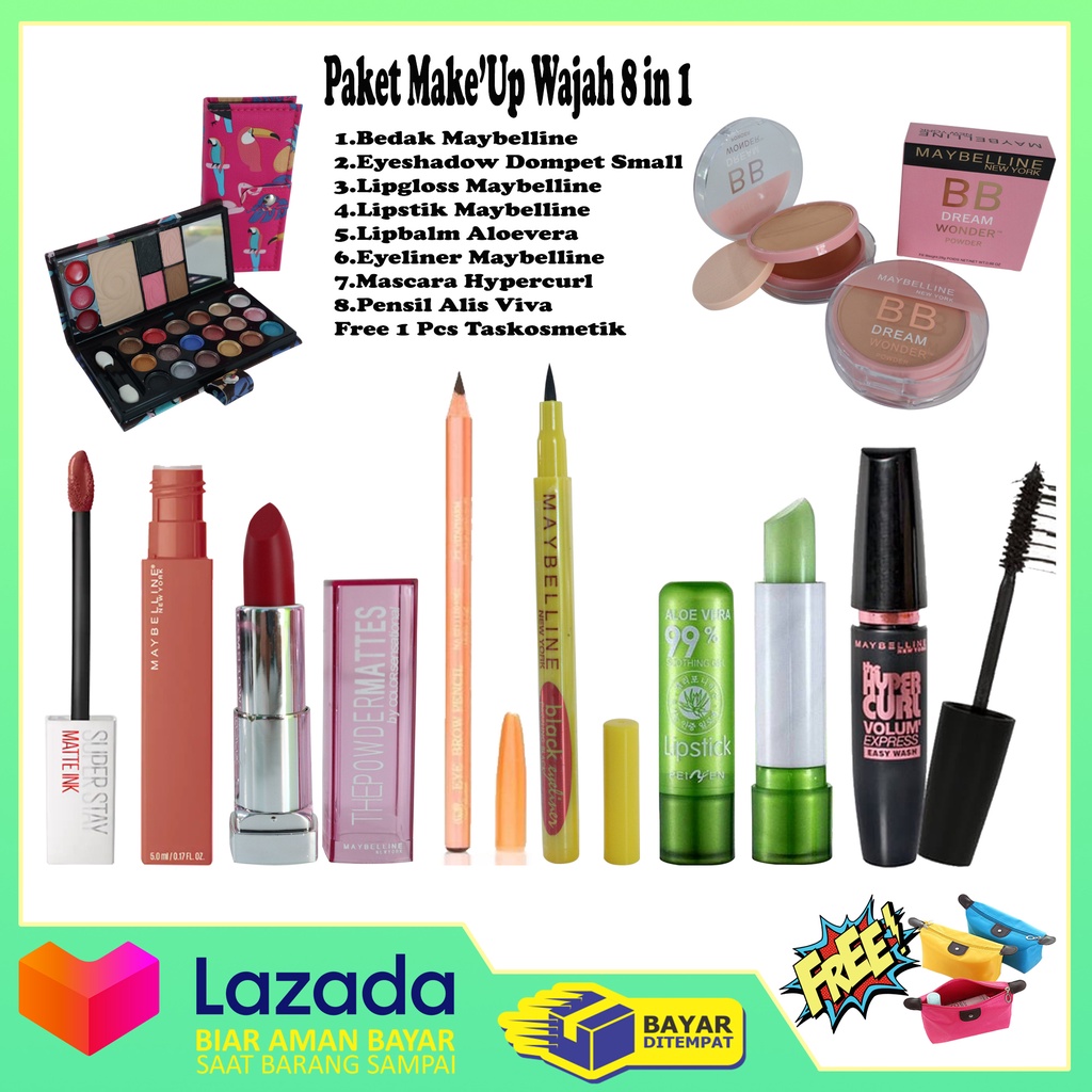 Paket Lengkap Termurah/Paket Make'up 8in1-Bedak Maybelline K.Lama+Eyeshadow Dompet Small+Mascara Hypercurl+LipGloss (Random)+Lipstik Maybelline+Lipbalm Aloevera+Eyeliner 24H+PAV Coklat+Free Tas Cometik