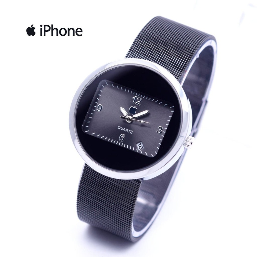 Canavieiras Hamadan Jam Tangan Pria / Cowok Iphone Watch Analog Bulat Pasir Black Silver