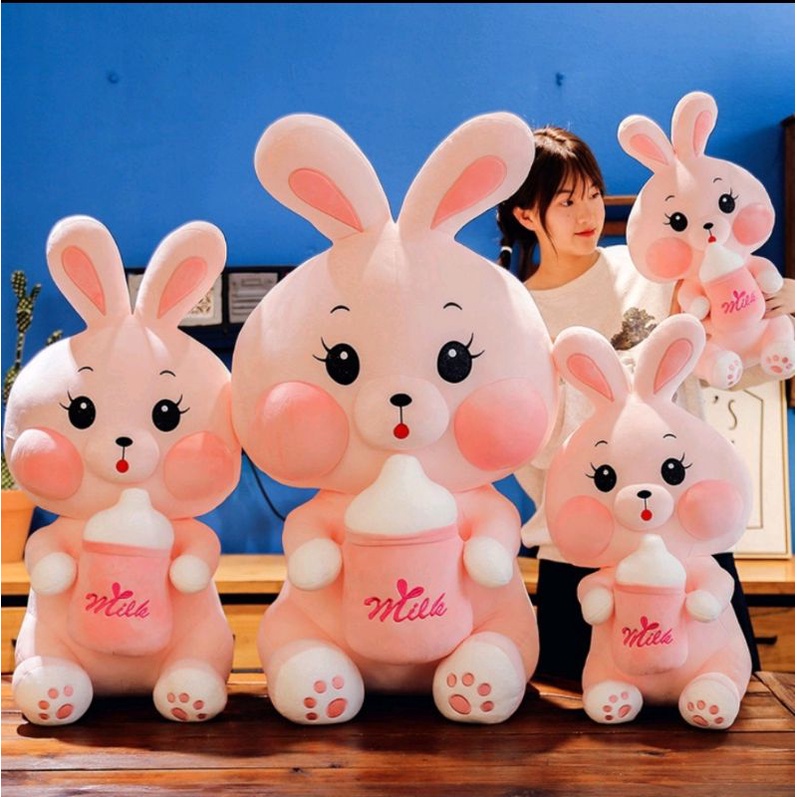 Boneka Kelinci Rabbit Pink Milk Bottle Pegang Dot Susu Bahan Plush Import Terbaru Imut Lucu