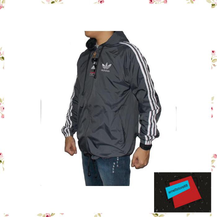 Jaket Pria parasut parka gunung Parasut Adidas Jumbo Size XL abu List Putih Olah Raga IU53