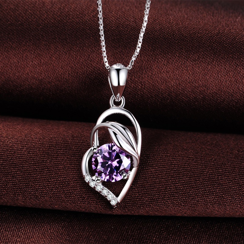 Simple Amethyst Heart-Shaped Pendant Silver Necklace Jewelry