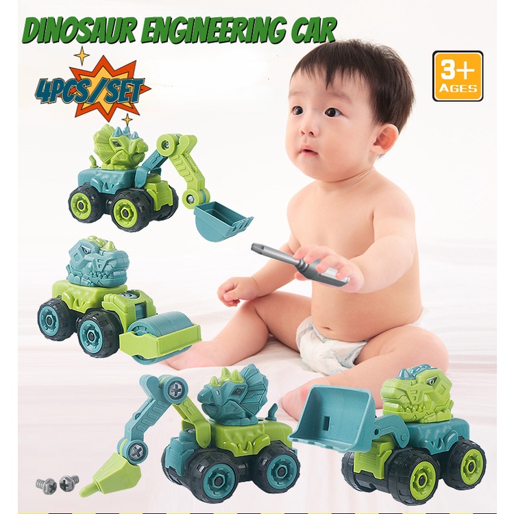 4pcs / set Mainan Edukasi Truk Excavator Dinosaurustyrannosaurus Rex Untuk Anak Laki-Laki