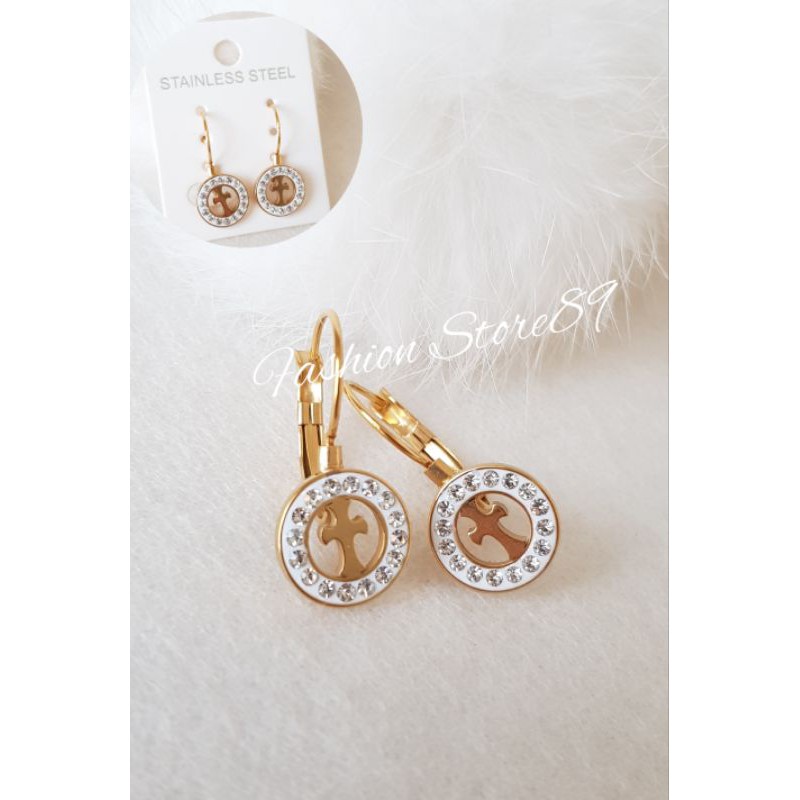 ReStok Anting jurai salib titanium gold white anting fashion rohani salib Antikarat Bestquality