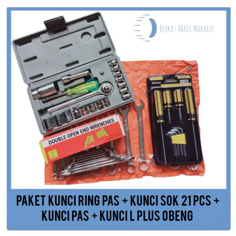 Paket Kunci Ring Pas Set + Kunci Pas Set + Kunci Sock Set + Obeng plus Kunci L