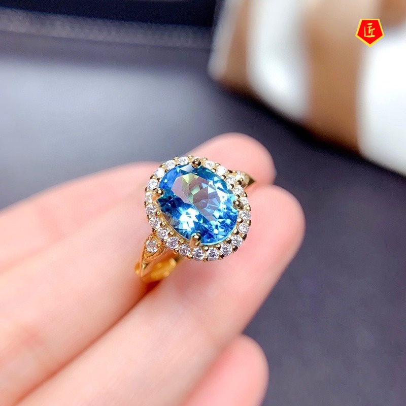 [Ready Stock]Simple Fashion Gold Natural Blue Topaz Ring