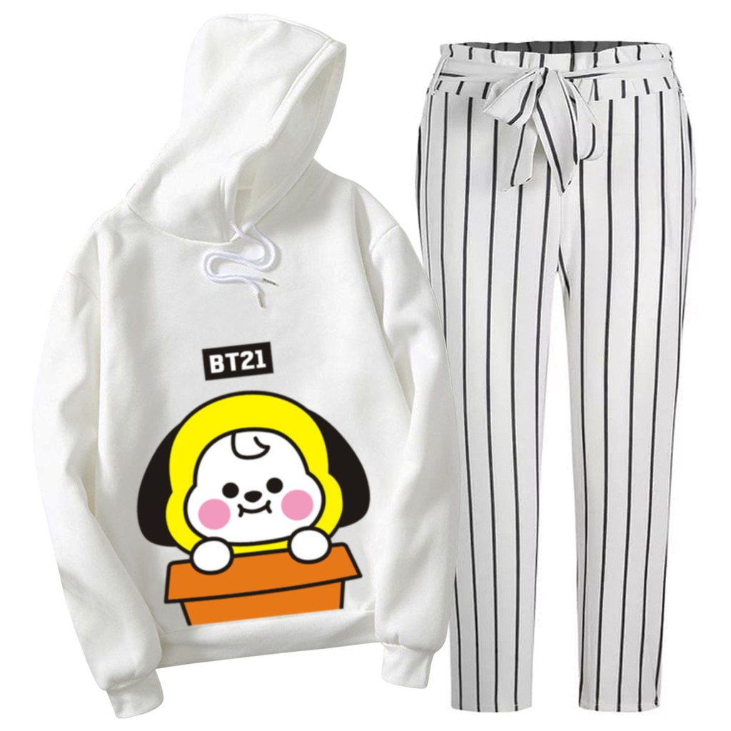 BESS - Setelan Hoodie Wanita Murah / Setelan Hoodie + Celana Salur Putih - CIMY BW