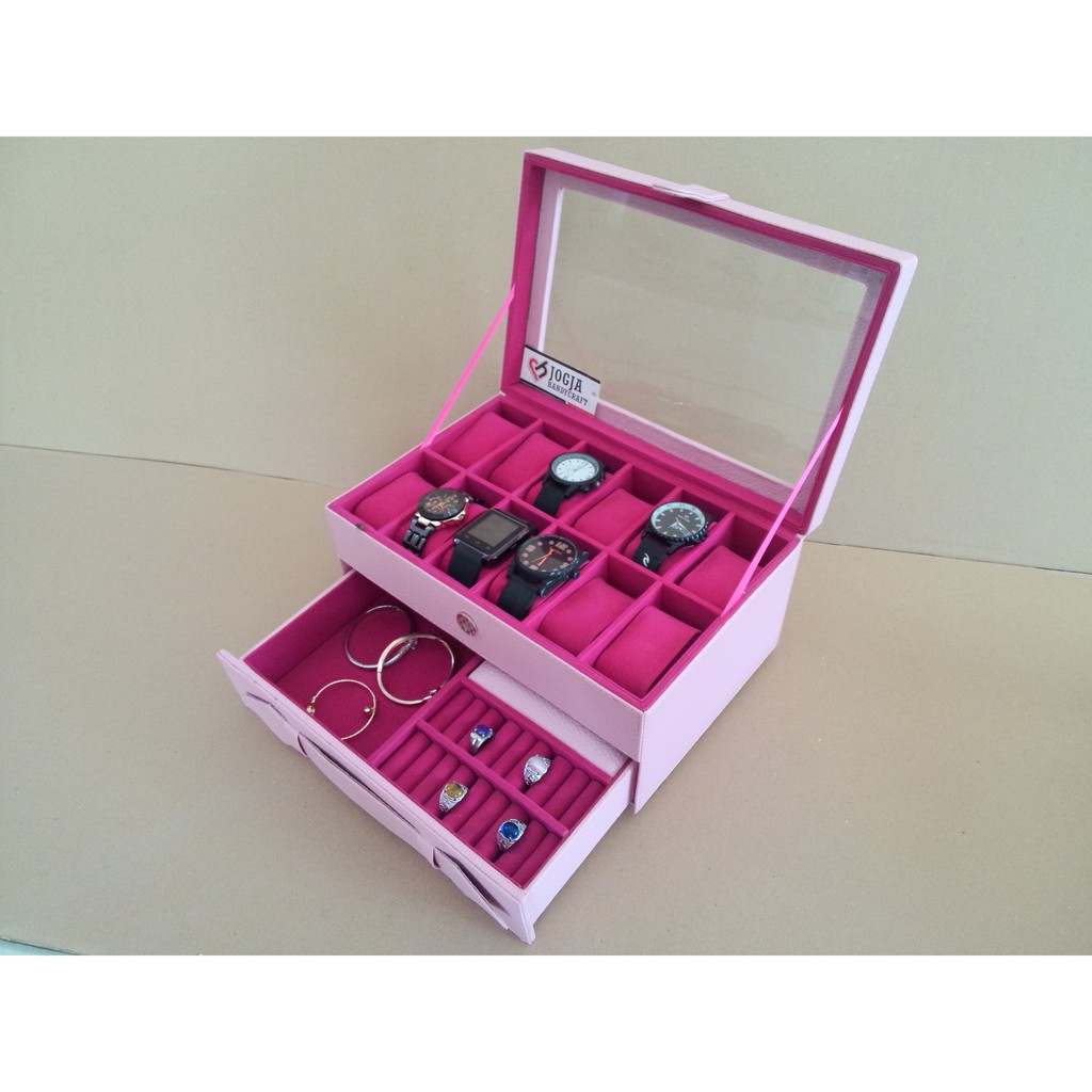 PROMO - Kotak Tempat Jam Tangan isi 12 Mix Laci Tempat Perhiasan / Watch Box Accesories Organizer