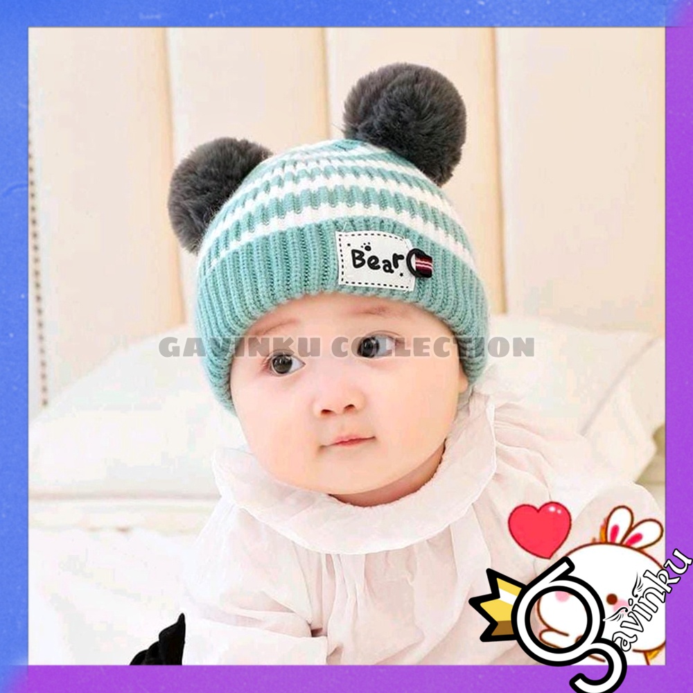 Topi Kupluk Bayi Laki Laki Perempuan Baru Lahir Bear Belang Newborn Model Pom Pom Jambul Rajut Lucu Murah Umur 0 1 2 3 4 5 6 7 8 9 10 11 12 Bulan 1 Tahun Thn Ears Cap