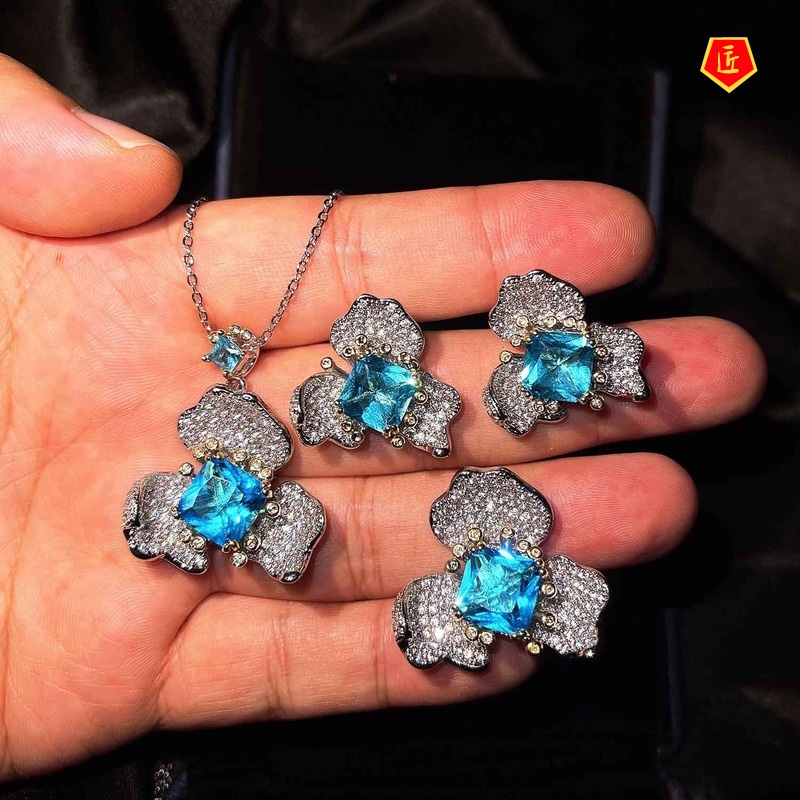 [Ready Stock]Jewelry Flower Stud Earrings Elegant Blue Topaz Ring Necklace Set