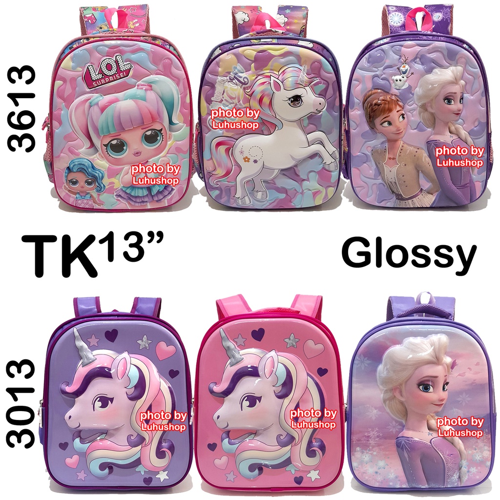 import Tas Glossy SD TK Ransel Anak Sekolah Cewe Perempuan Kuda Unicorn Elsa Timbul LOL Prosen