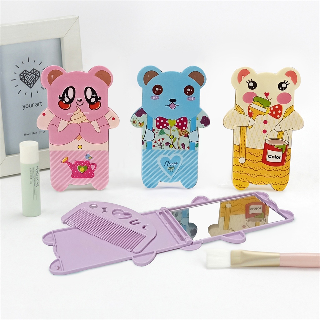 Cermin mini motif bear cermin lipat cermin sisir lucu terbaru