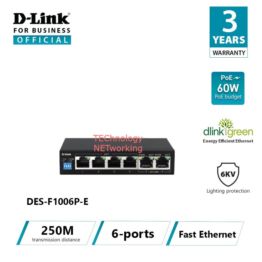 D-Link DES-F1006P-E : DLink 4+2 100Mbps 250M 60W PoE Switch