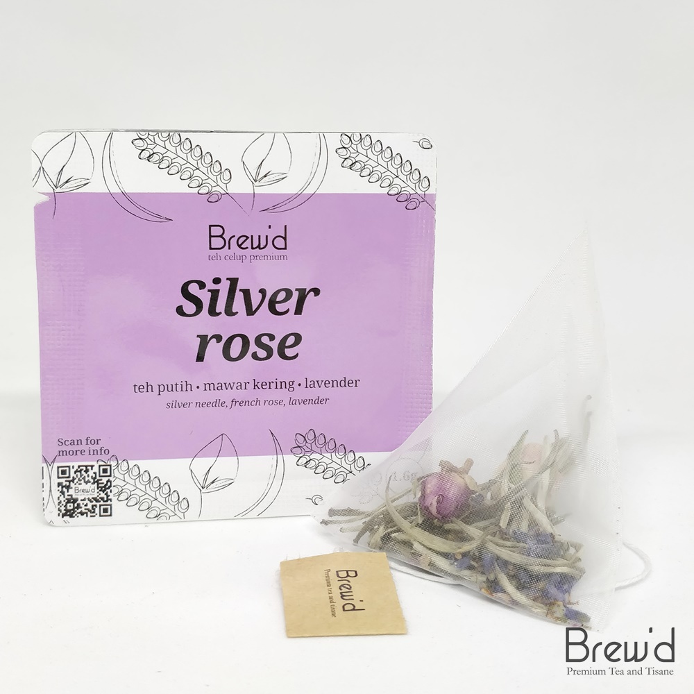 

Artisan Tea bag | Teh Celup Premium | SILVERROSE | Teh Putih Premium | Lavender White Tea with Rose | 1 Pyramid bag | Brewd