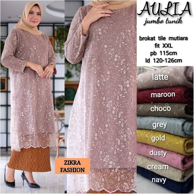 Tunik Brokat Tile Mutiara Jumbo Ld 120Cm Set Rok Kondangan Pesta Cantik Mewah