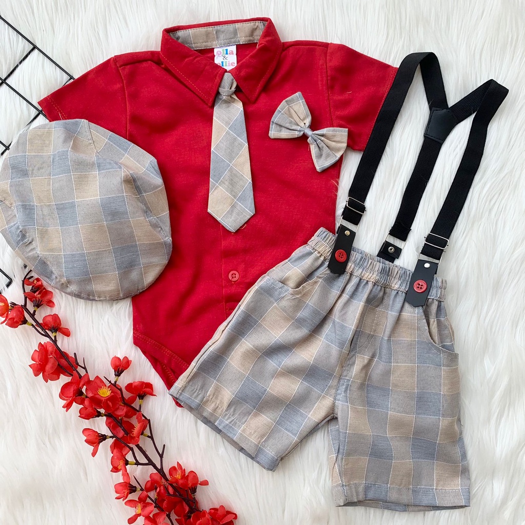 Baju setelan jumper celana topi suspender pergi jalan lucu fashion anak bayi cowok laki murah -baw