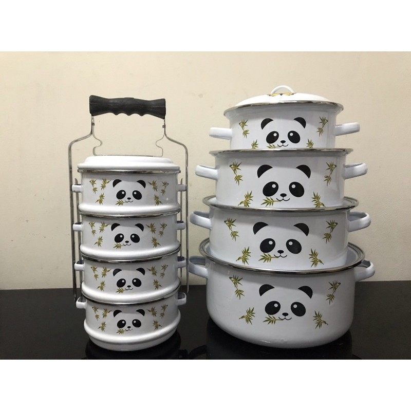 RANTANG ENAMEL 14 CM / 4 SUSUN + PANCI ENAMEL 24 CM MOTIF PANDA