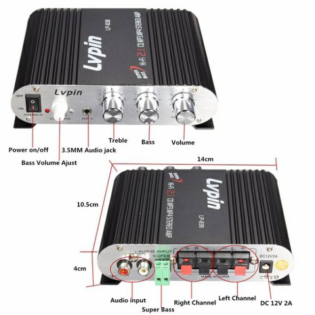 Ampli - Ampli Mini - Amplifier Mobil - Amplifier Subwoffer - Amplifier Mini HiFi Stereo Amplifier Treble Bass Booster 12V - LP-838