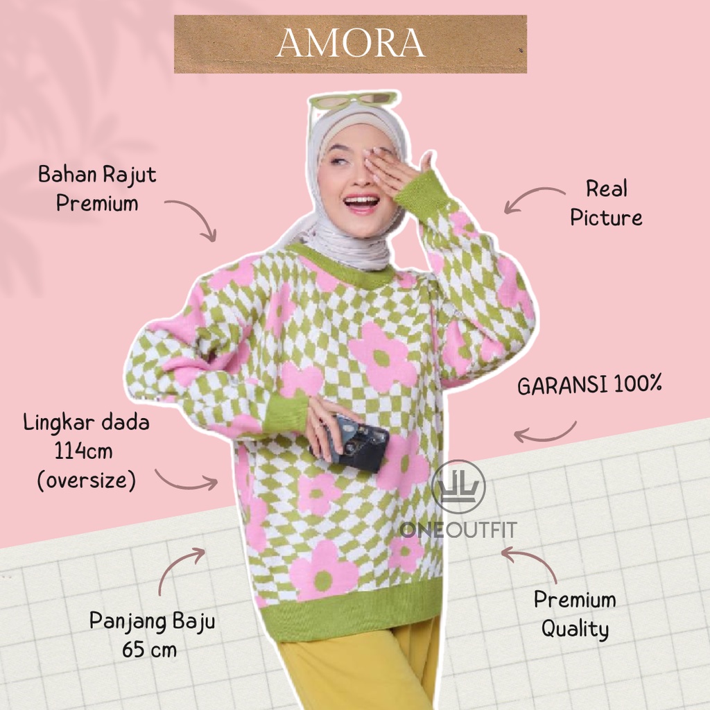 Oneoutfit Baju Atasan Wanita Sweater Rajut Oversize Premium Amora Motif Flower LD114 Sweeter Kekinia