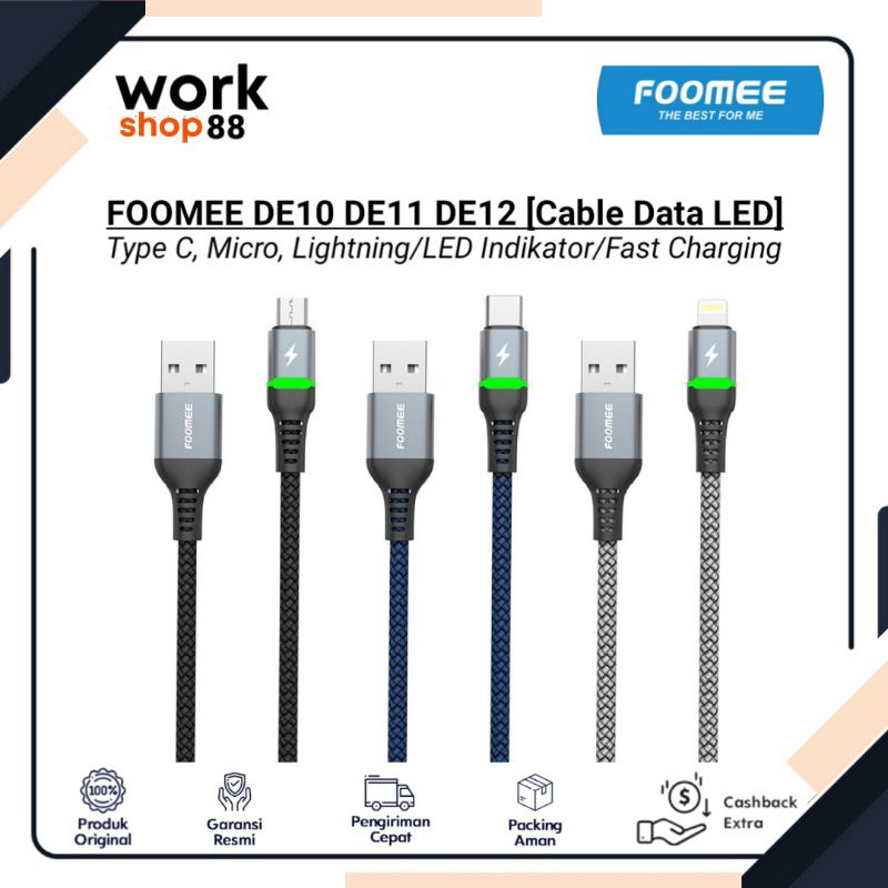 Baru Kabel Data FOOMEE DE10 (Micro) 2.4A, DE11 (Type C) 3.0A, DE12 (Lightning) 2.4A 100Cm - New Orig