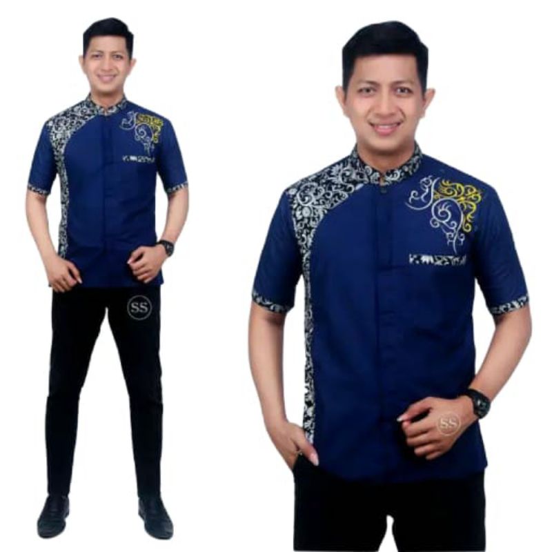 Kemeja kombinasi batik lengan pendek