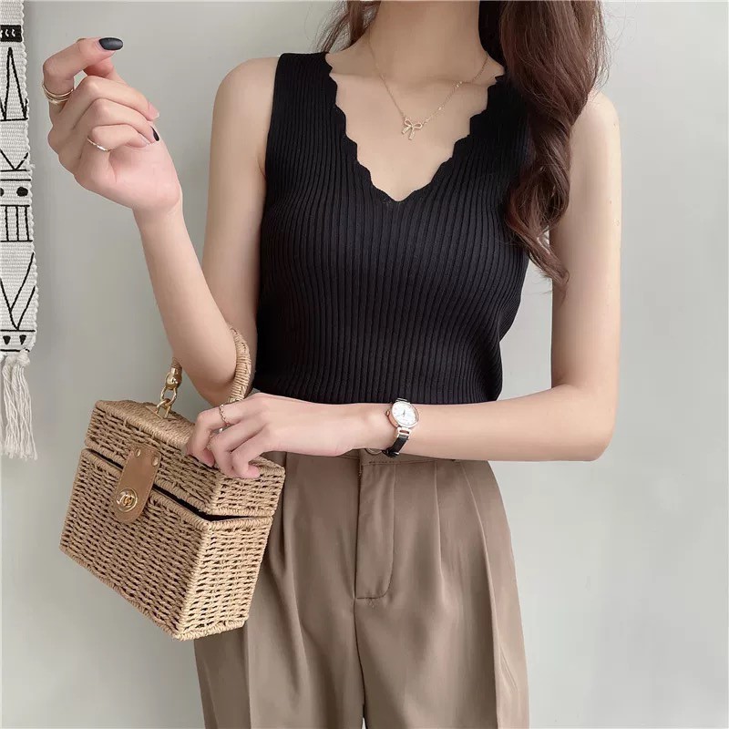 Nicebra Tank Top Wanita Rompi Rajut Tanpa Lengan Model V-Neck Import Gaya Korea 4035