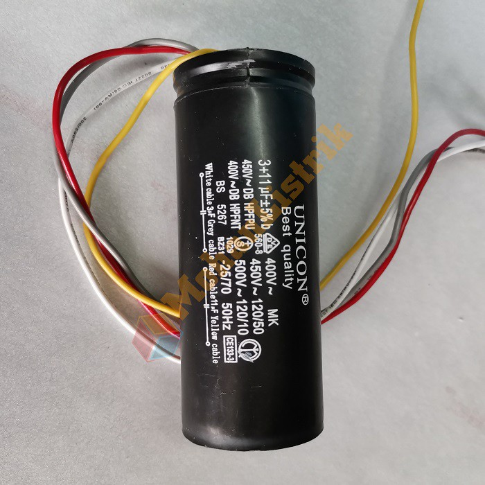 Kapasitor Unicon  Bulat  3 + 11 uf 450V AC Mesin Cuci 4 Kabel