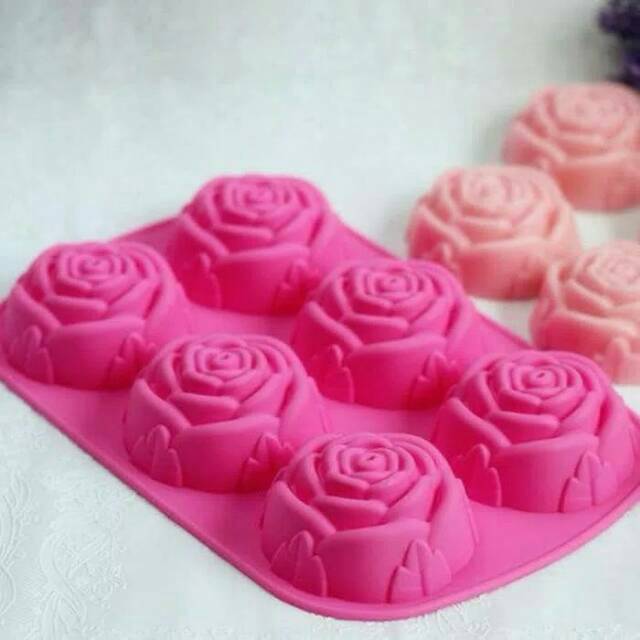 Cetakan Kue Bolu Kukus Oven Puding Mawar Silikon isi 6 lubang