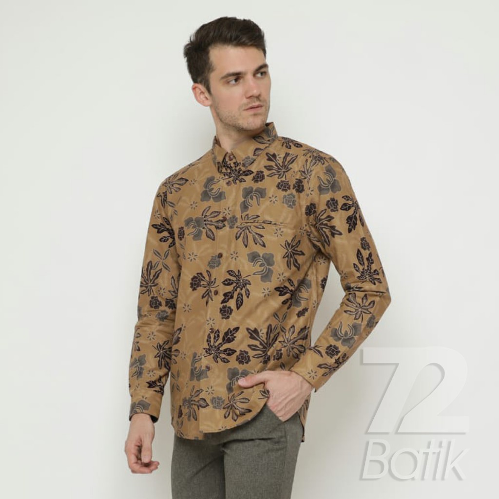 KEMEJA BATIK PRIA Lengan Panjang Premium Motif Daun Pepaya Coklat Choklat Cokelat 728094 Cap 72 - Baju Kemeja Atasan Pakaian Setelan Batik Pria Cowok Laki Laki Remaja Keluarga Kantor Lengan Panjang Modern Slimfit Slim Fit Premium Kekinian