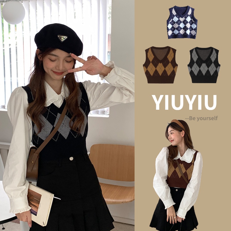 YIU YIU Rajut - Vest Crop Top Rajut Premium Kotak Kotak Gaya Korea