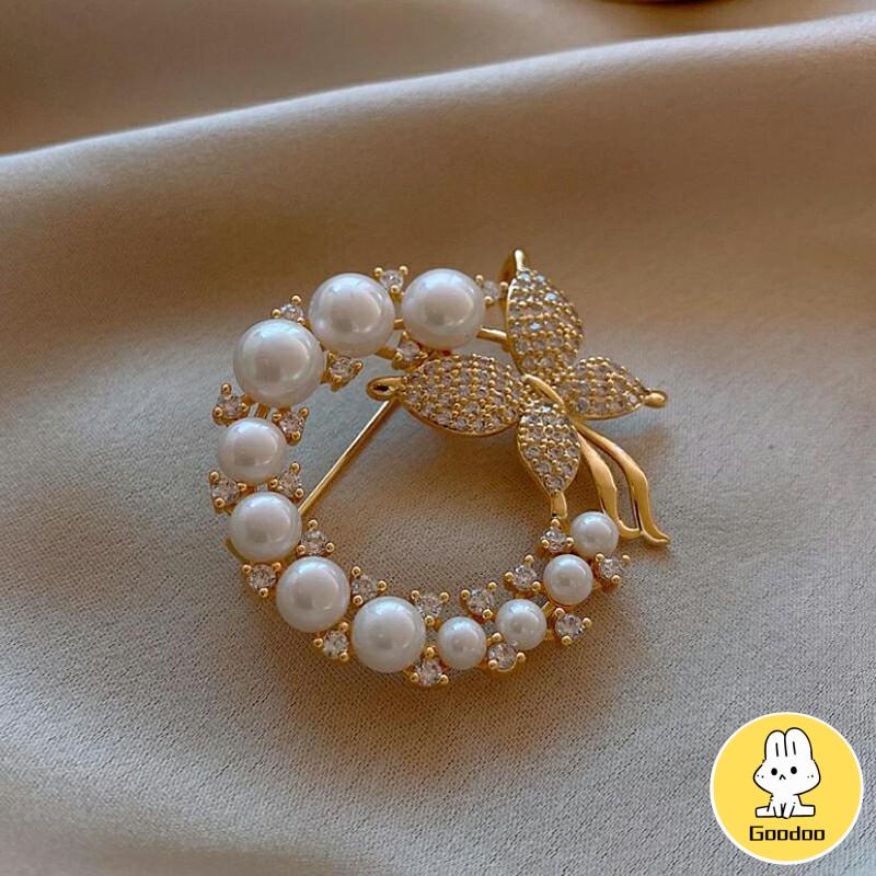 Candy Jewelry Fashion Korean Butterfly Brooches Gold Color Pearl Brooch Pins Rhinestone Breastpin for Women -Doo