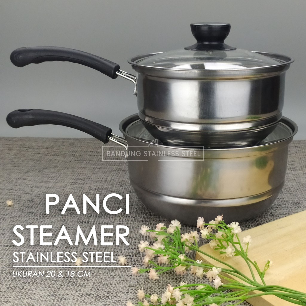 Promo! Panci kukus steamer 18cm  20cm milk pot stainless steel tutup kaca murah