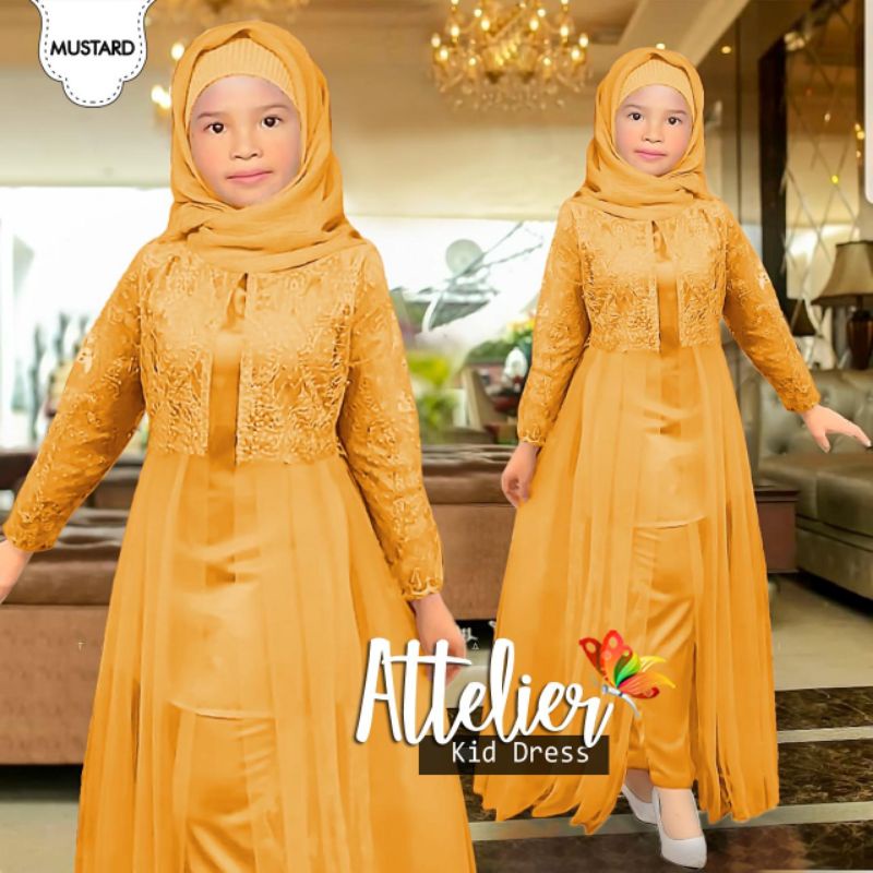 SET CELANA TUNIK ATTELIER KID ANAK, MOSCREPE BRUKAT TILE, GAMIS HIJAB MUSLIM, SETELAN