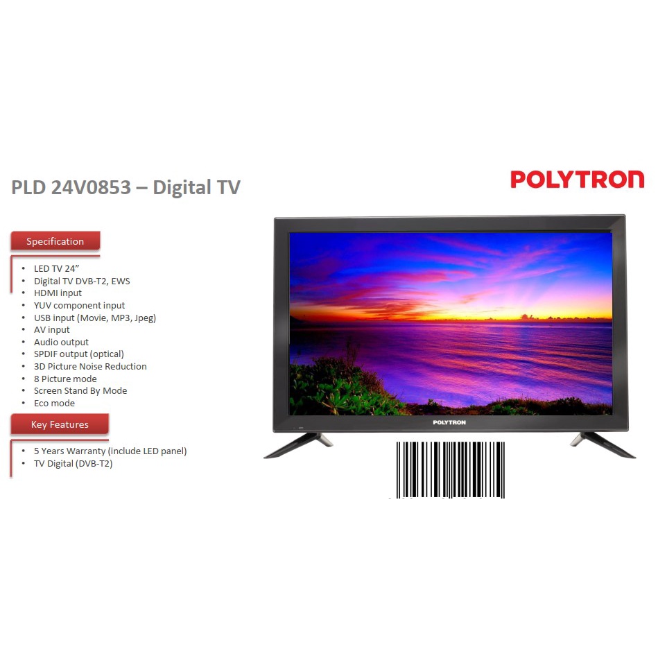 Polytron LED Digital TV 24&quot; LED TV DVB-T2 USB Movie HDMI PLD 24V0853 24V1853