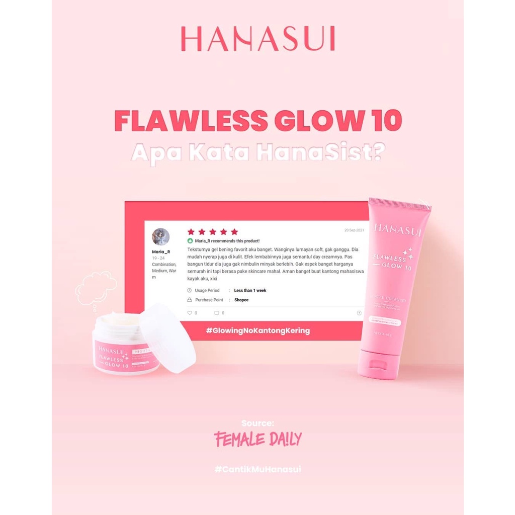 HANASUI Flawless Glow 10 Night Cream Indonesia / Brightening Antioxidant Deep Hydration Up To 72 Hours / Krim Malam Wajah Kulit Muka / Moisturizer Pelembab / Skincare Face Facial Wash Cleanser Toner Essence Serum Day Spot Gel / Paket Acne Treatment Series