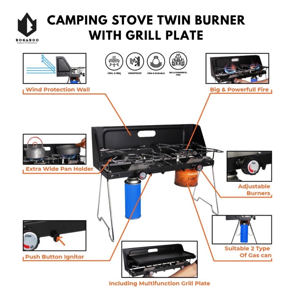 Kompor Camping Dhaulagiri Twin Burner With Grill Plate - Kompor Lipat Camping 2 Tungku / Double Burner - Windproof Gril And Pan