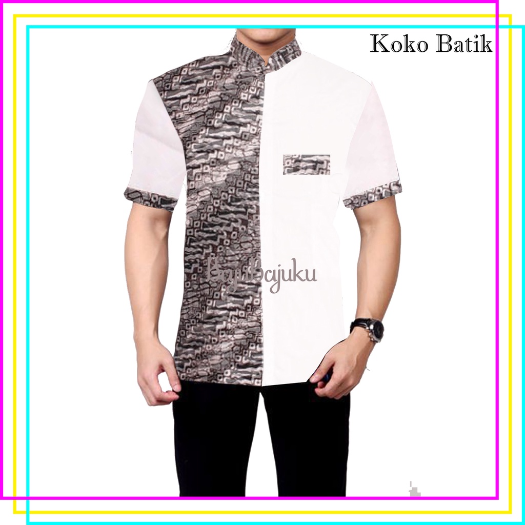 Koko Pria Dewasa Motif Batik Lengan Pendek - Baju Kemeja Pria Putih - Hem Muslim (Motif Random)