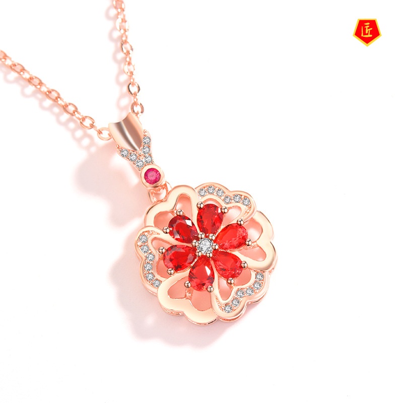 [Ready Stock]European and American New Inlaid Ruby Flower Pendant Graceful and Fashionable