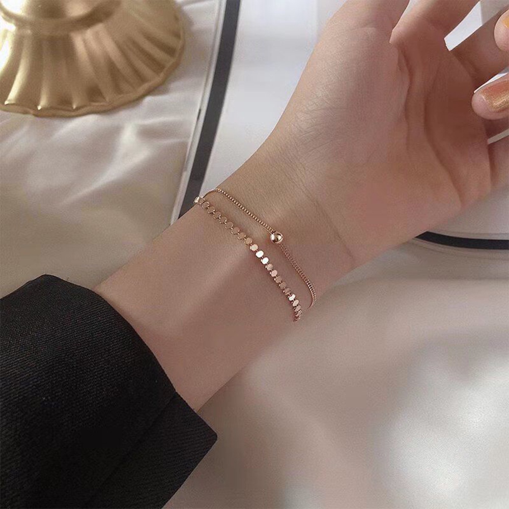 Gelang Rantai Double Layer Warna Rose Gold Silver Untuk Wanita