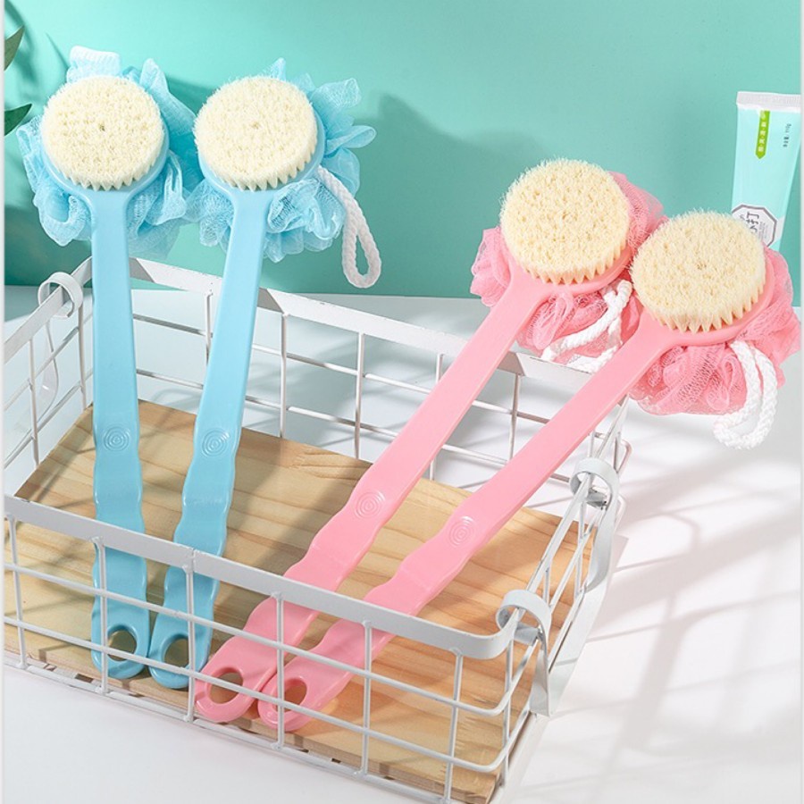 Shower Puff + Sikat Gosok Punggung Gagang Panjang Spons Mandi 2 Sisi /Sikat Gosok Badan Mandi Sikat + Spons Sponge Puff