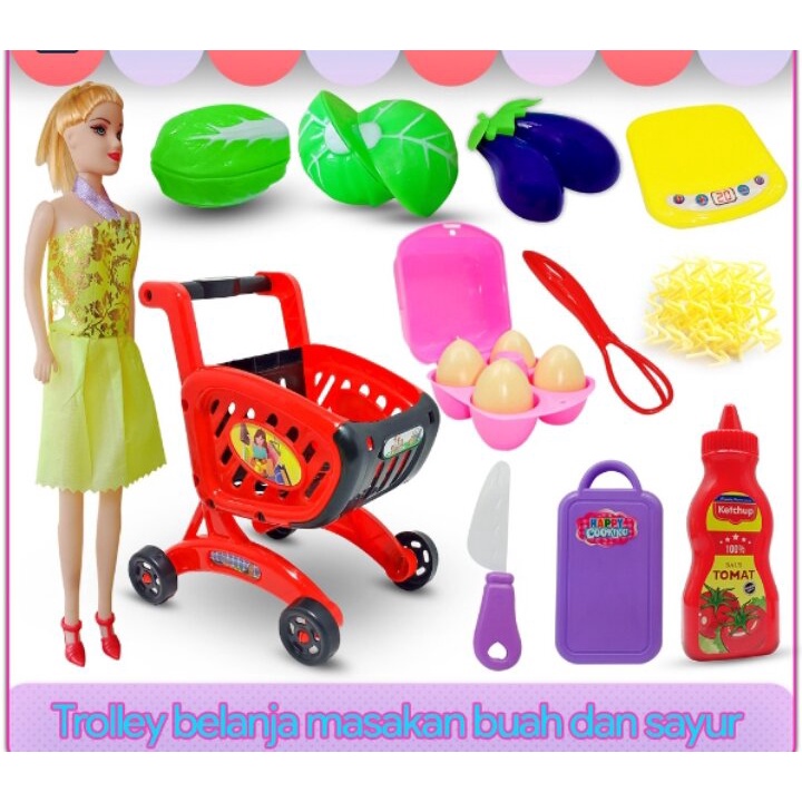 Mainan Troley Boneka Masakan Buah Sayur Potong / Mainan Anak Berbie Troli Bahan Tebal / Mainan Anak 